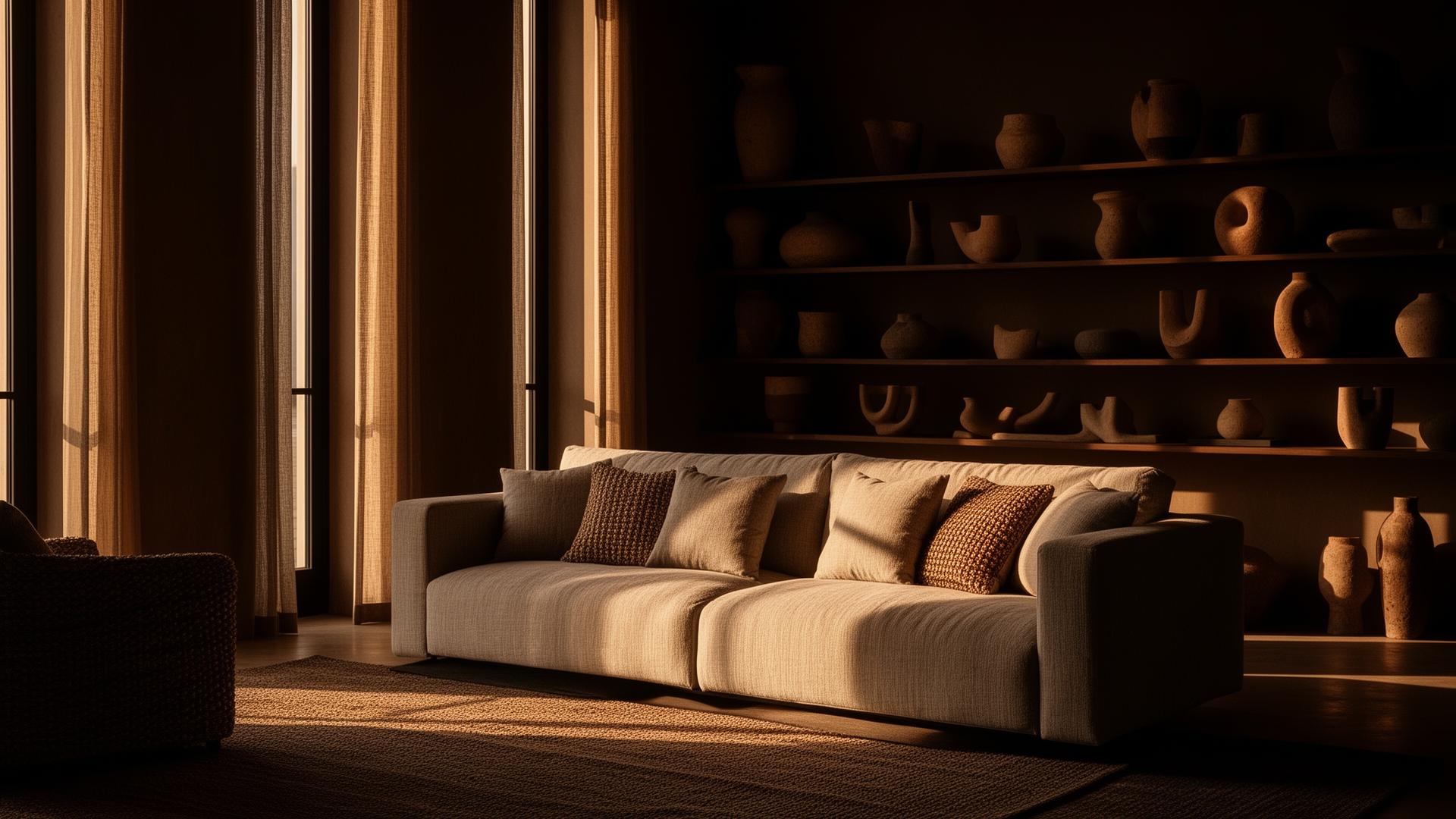 Warm, sunlit modern living room interior